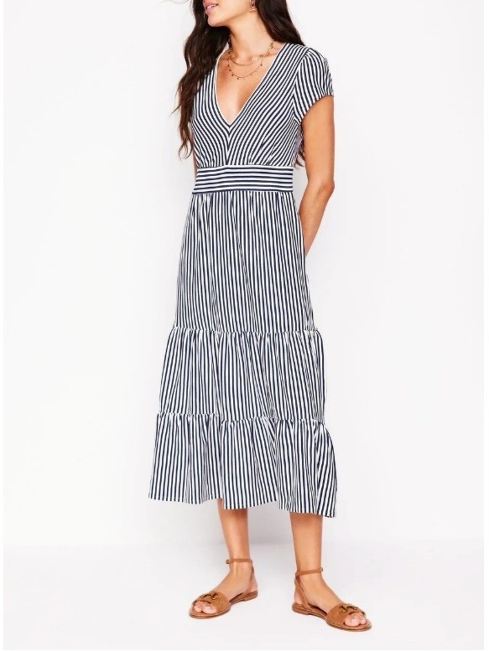Boden Eloise Tiered Jersey Dress in the French Navy and Ivory Stripe